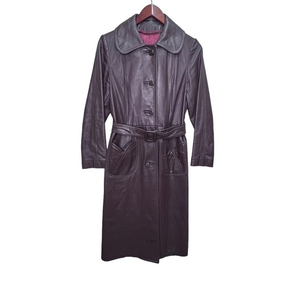 Vintage 70s Jeno du Paris Brown Leather Trench Coat Size Small Made in Canada - Picture 1 of 16